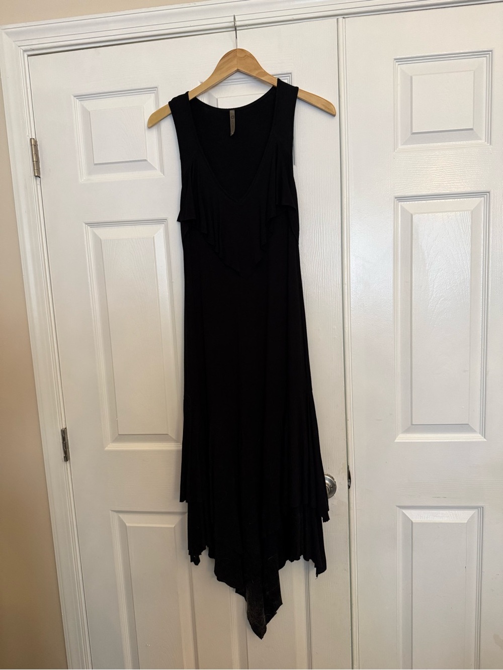 XCVI Black Sleeveless Asymmetrical Handkerchief Hem Dress